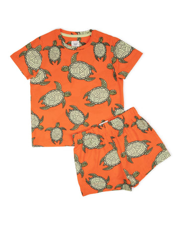 Kids' Orange Swimming Turtles Jersey Crewneck Short Pyjama Set